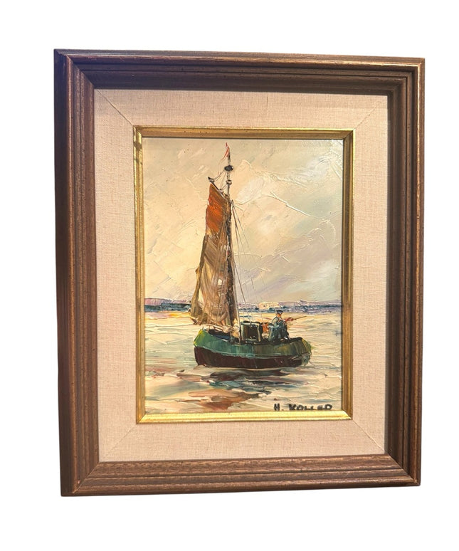 Vintage 1960s Framed Nautical Painting on Board Sailboat Signed H Holler