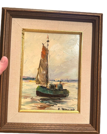 Vintage 1960s Framed Nautical Painting on Board Sailboat Signed H Holler