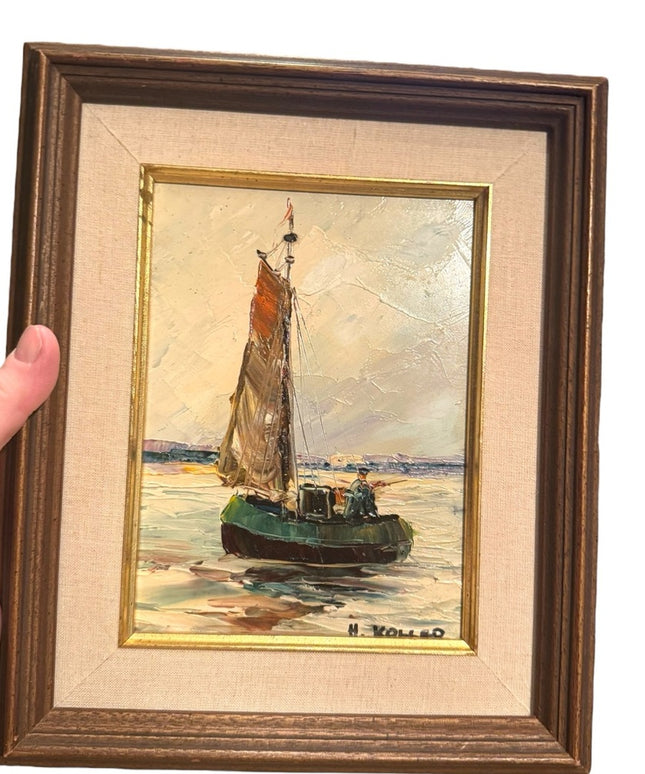 Vintage 1960s Framed Nautical Painting on Board Sailboat Signed H Holler