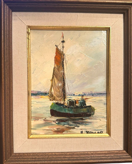 Vintage 1960s Framed Nautical Painting on Board Sailboat Signed H Holler
