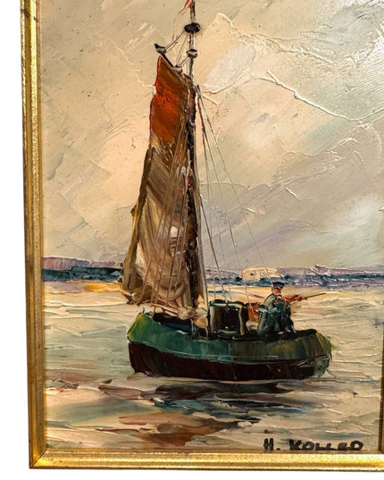 Vintage 1960s Framed Nautical Painting on Board Sailboat Signed H Holler