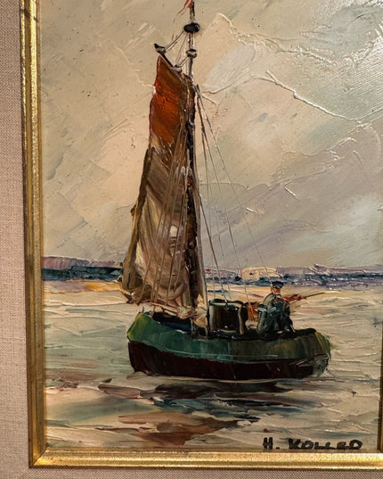 Vintage 1960s Framed Nautical Painting on Board Sailboat Signed H Holler