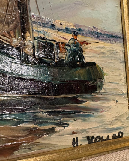 Vintage 1960s Framed Nautical Painting on Board Sailboat Signed H Holler