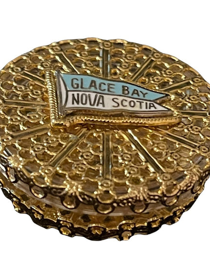 Vintage gold filegree BNIB pill box Nova Scotia Glace bay souvenier