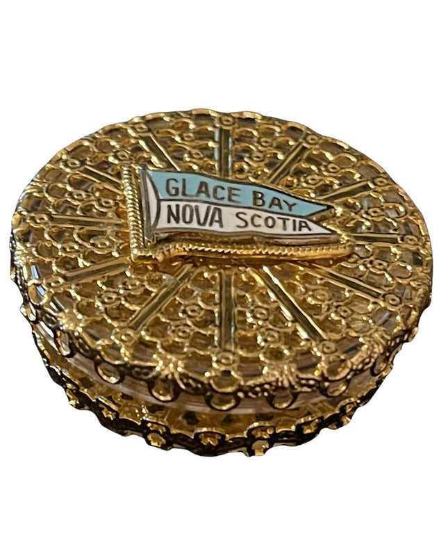 Vintage gold filegree BNIB pill box Nova Scotia Glace bay souvenier