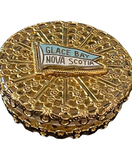 Vintage gold filegree BNIB pill box Nova Scotia Glace bay souvenier