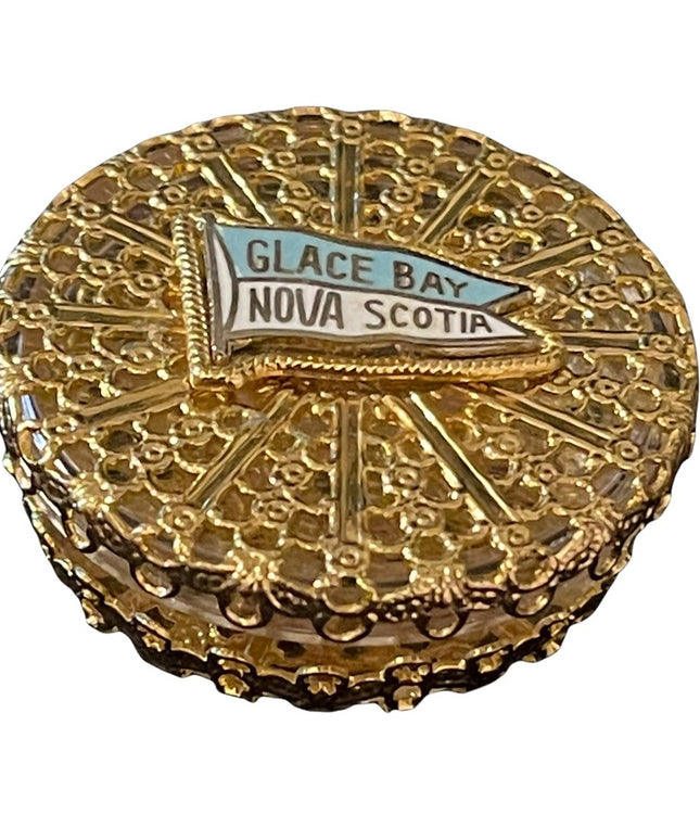 Vintage gold filegree BNIB pill box Nova Scotia Glace bay souvenier