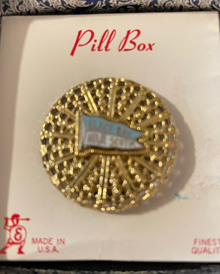 Vintage gold filegree BNIB pill box Nova Scotia Glace bay souvenier