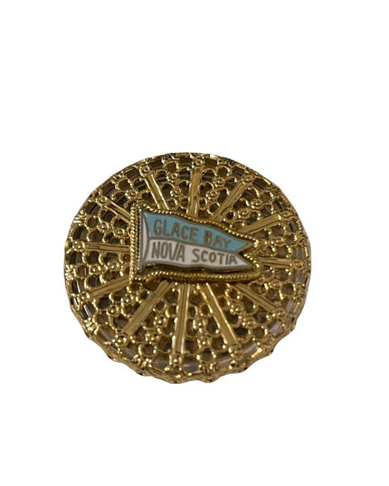 Vintage gold filegree BNIB pill box Nova Scotia Glace bay souvenier