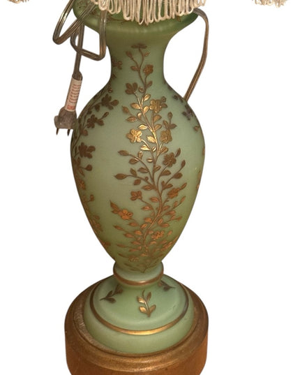 Elegant Antique Victorian Art Deco Green Opaline Hand Painted French Glass Lamp