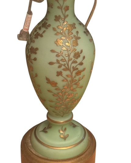 Elegant Antique Victorian Art Deco Green Opaline Hand Painted French Glass Lamp