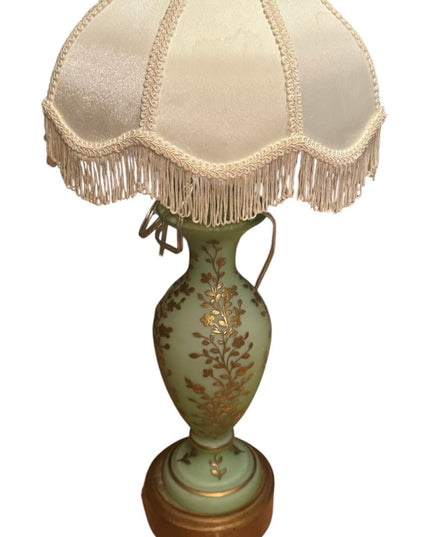 Elegant Antique Victorian Art Deco Green Opaline Hand Painted French Glass Lamp