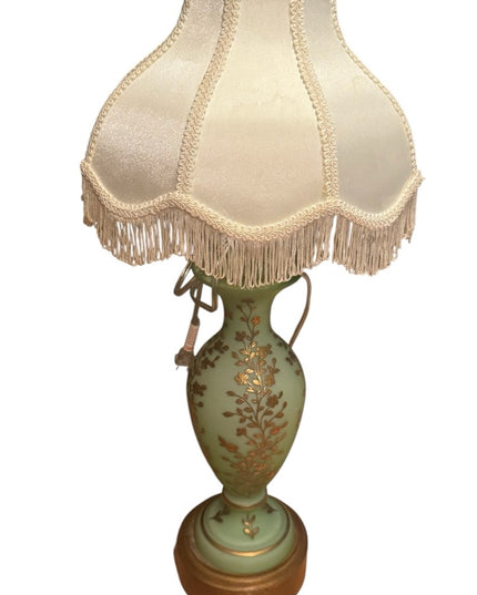 Elegant Antique Victorian Art Deco Green Opaline Hand Painted French Glass Lamp