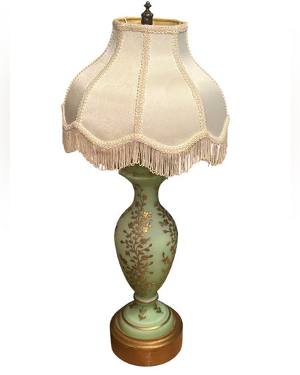 Elegant Antique Victorian Art Deco Green Opaline Hand Painted French Glass Lamp