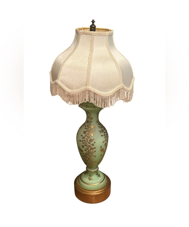 Elegant Antique Victorian Art Deco Green Opaline Hand Painted French Glass Lamp