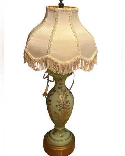 Elegant Antique Victorian Art Deco Green Opaline Hand Painted French Glass Lamp