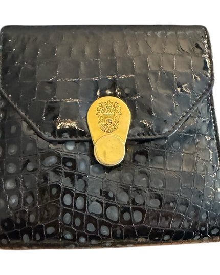 Gold Lion Black Vintage Leather Crocodile Style Embossed Purse Clutch Gold Clasp