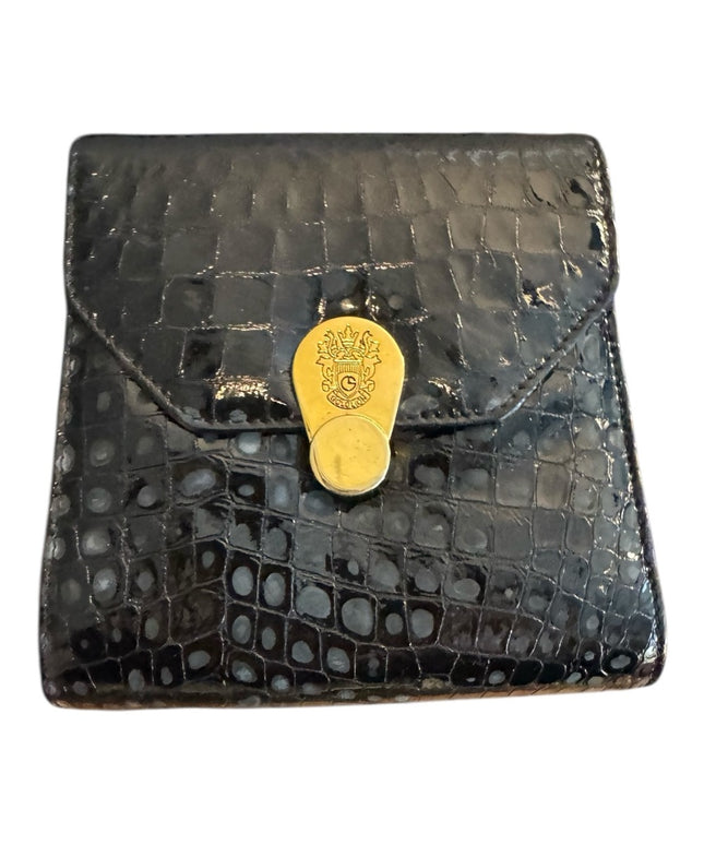Gold Lion Black Vintage Leather Crocodile Style Embossed Purse Clutch Gold Clasp