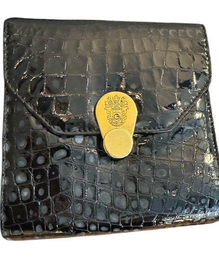 Gold Lion Black Vintage Leather Crocodile Style Embossed Purse Clutch Gold Clasp