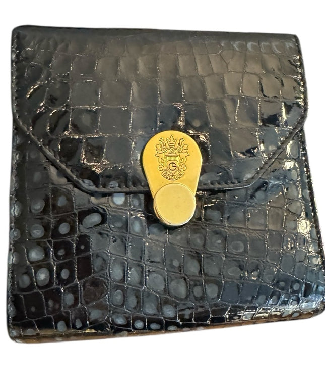 Gold Lion Black Vintage Leather Crocodile Style Embossed Purse Clutch Gold Clasp