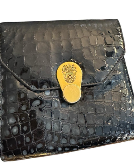 Gold Lion Black Vintage Leather Crocodile Style Embossed Purse Clutch Gold Clasp