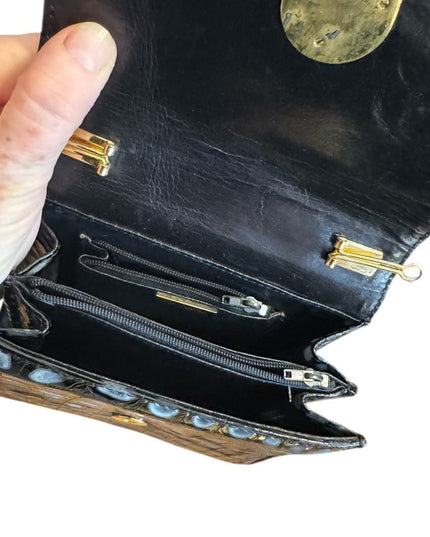 Gold Lion Black Vintage Leather Crocodile Style Embossed Purse Clutch Gold Clasp