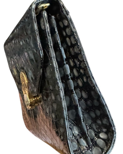 Gold Lion Black Vintage Leather Crocodile Style Embossed Purse Clutch Gold Clasp