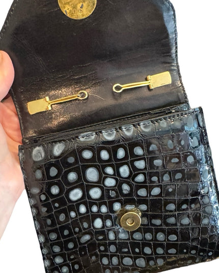 Gold Lion Black Vintage Leather Crocodile Style Embossed Purse Clutch Gold Clasp