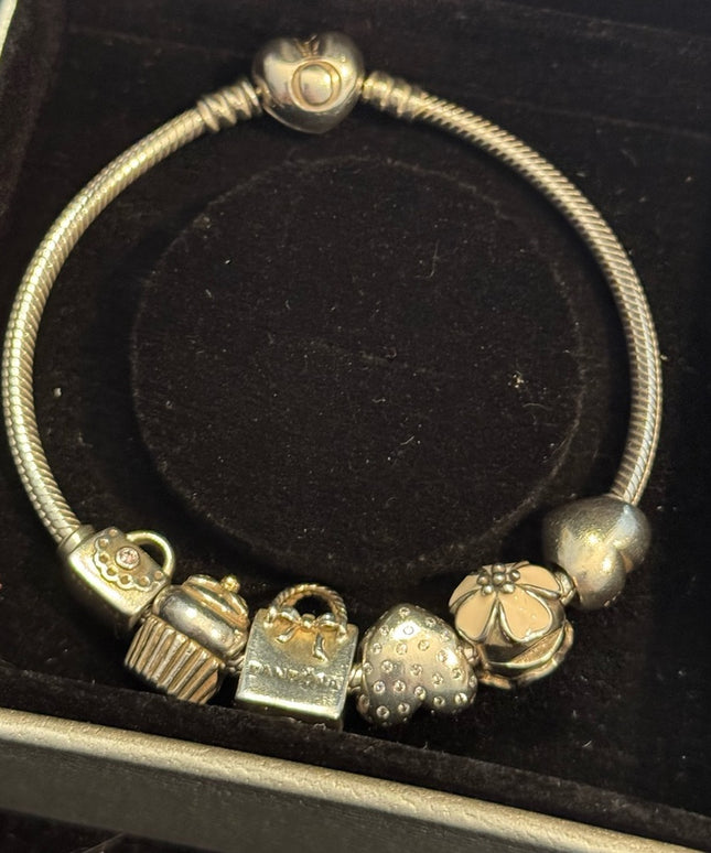 Elegant Pandora AUTHENTIC Retired 6 Charms Sterling Silver Bracelet