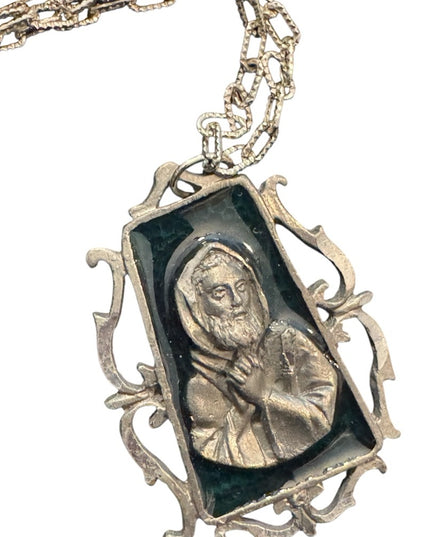 Elegant Vintage Religious Saint Pio Silver Pendant Enameled Necklace
