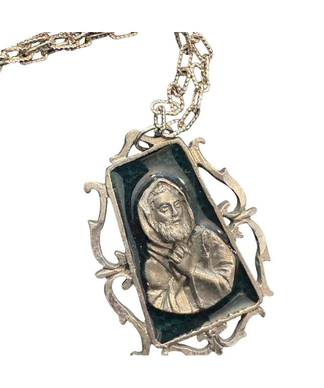 Elegant Vintage Religious Saint Pio Silver Pendant Enameled Necklace