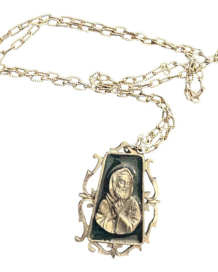 Elegant Vintage Religious Saint Pio Silver Pendant Enameled Necklace