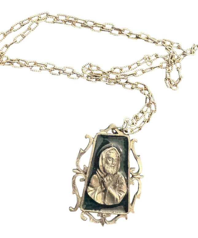 Elegant Vintage Religious Saint Pio Silver Pendant Enameled Necklace