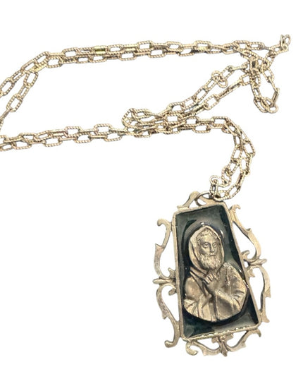 Elegant Vintage Religious Saint Pio Silver Pendant Enameled Necklace