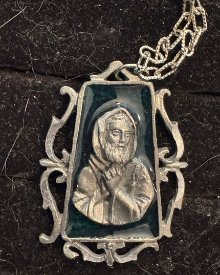 Elegant Vintage Religious Saint Pio Silver Pendant Enameled Necklace