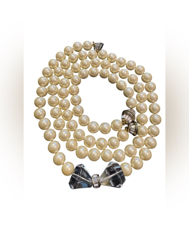 Elegant Heisi Daus Disney Stunning Glass Pearl Bow Necklace & Bracelet Pave