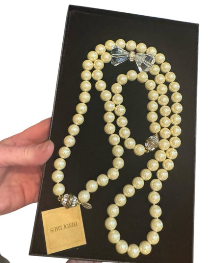 Elegant Heisi Daus Disney Stunning Glass Pearl Bow Necklace & Bracelet Pave