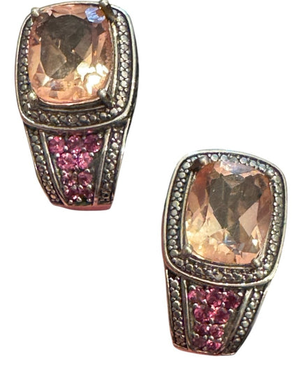 Elegant STS Cushion Cut Tournaline & Ruby Sterling 925 Huggie Earrings