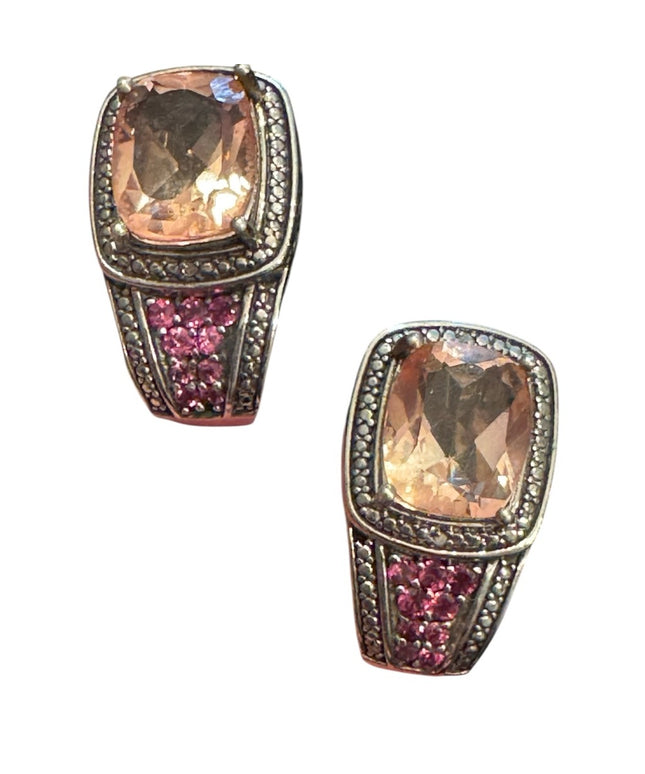 Elegant STS Cushion Cut Tournaline & Ruby Sterling 925 Huggie Earrings