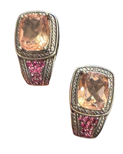 Elegant STS Cushion Cut Tournaline & Ruby Sterling 925 Huggie Earrings