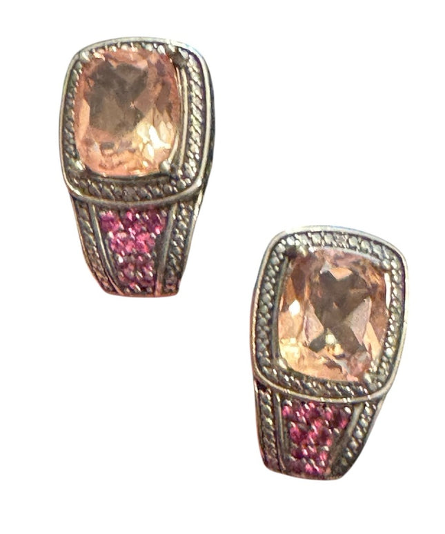 Elegant STS Cushion Cut Tournaline & Ruby Sterling 925 Huggie Earrings