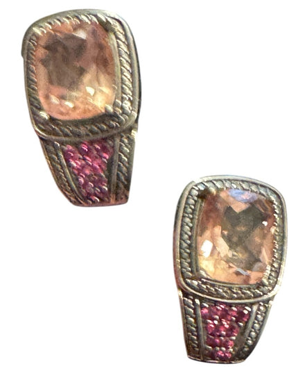 Elegant STS Cushion Cut Tournaline & Ruby Sterling 925 Huggie Earrings