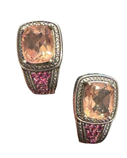 Elegant STS Cushion Cut Tournaline & Ruby Sterling 925 Huggie Earrings