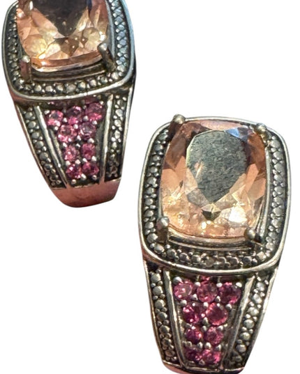Elegant STS Cushion Cut Tournaline & Ruby Sterling 925 Huggie Earrings