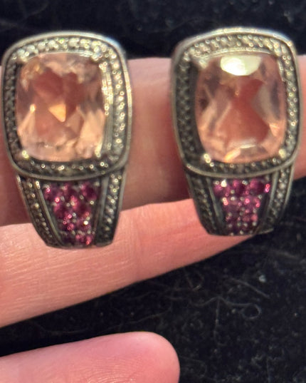 Elegant STS Cushion Cut Tournaline & Ruby Sterling 925 Huggie Earrings