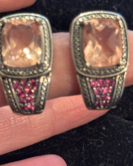 Elegant STS Cushion Cut Tournaline & Ruby Sterling 925 Huggie Earrings