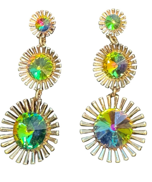 Colorful Vintage Rivoli glass Sunburst Drop Earrings