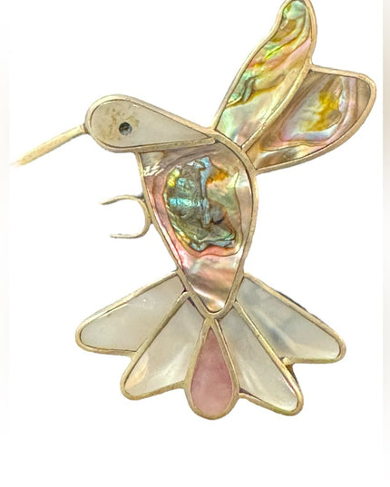 Vintage Large Alpaca silver mexico Hummingbird abalone pearl brooch