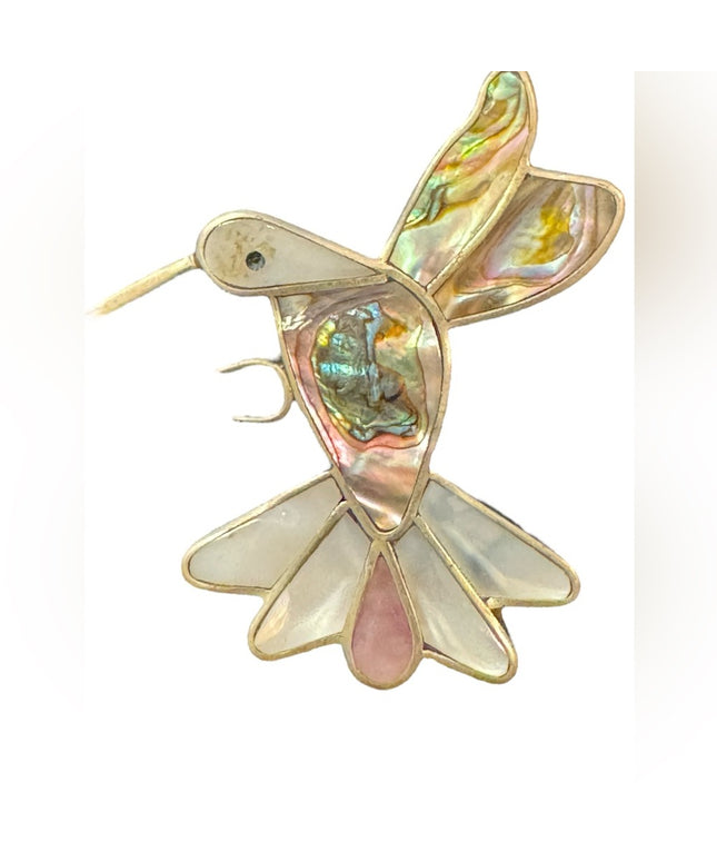 Vintage Large Alpaca silver mexico Hummingbird abalone pearl brooch