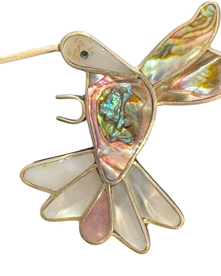 Vintage Large Alpaca silver mexico Hummingbird abalone pearl brooch